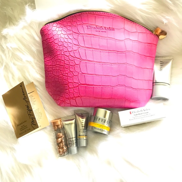 Elizabeth Arden NEW 8 Pc GWP Pink Faux Crocodile Leather Cosmetic Bag ~ Prevage - Picture 1 of 11